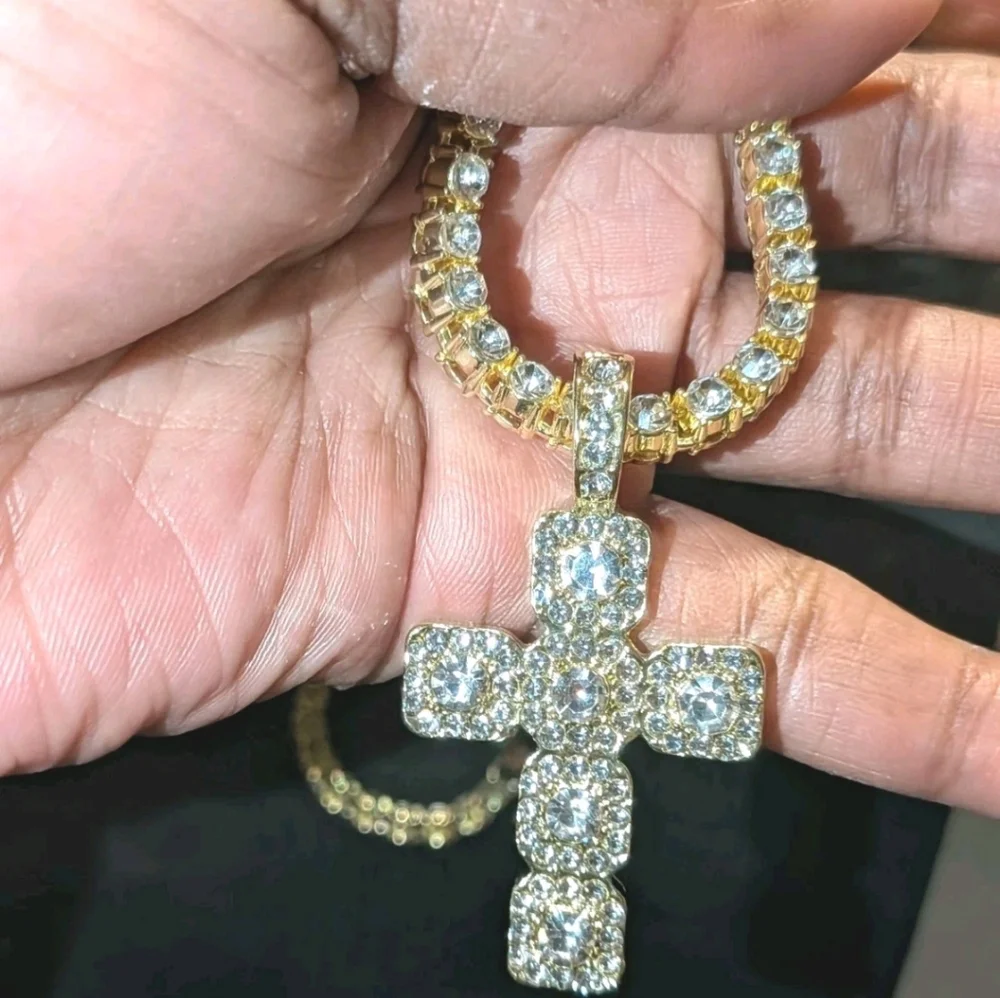 14k Yellow Gold Plated Lab Created Diamond Cross Pendant Tennis Necklace 18